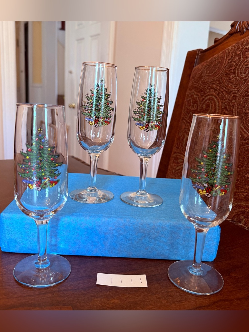Set of 4 Cuthbertson Christmas Tree 7.25”H Glassware Champagne Flute Gold Rim #1